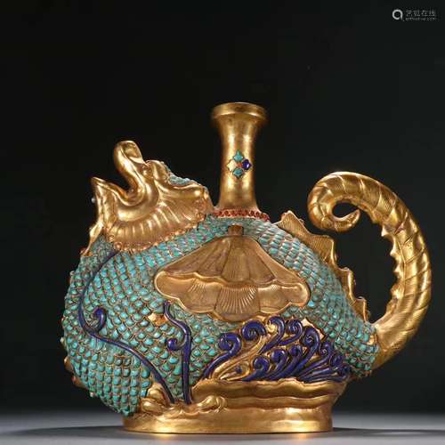 Green Turquoise Inlaid Gilt Bronze Fish Shape Pot