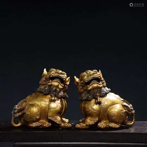 Pair of Gilt Lion Bronze Incense Burner