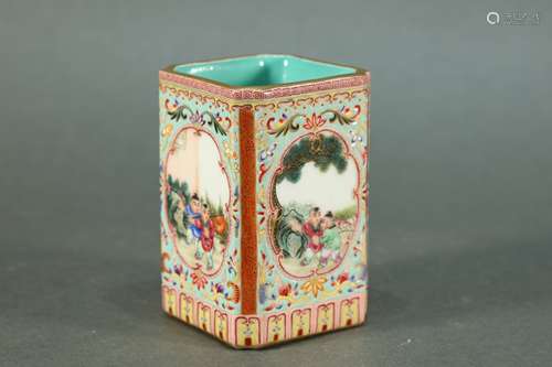 Enamel Drawing Character Pattern Porcelain Square Brush Pot