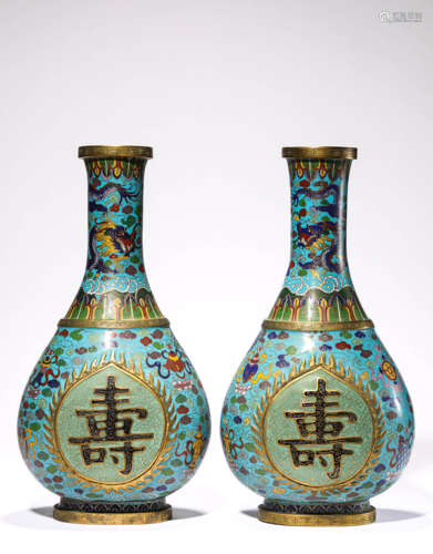 A Pair of Cloisonne Enamel Longevity Vases