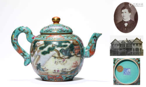 A Porcelain Turquoise-Ground Famille-Rose Poem Teapot