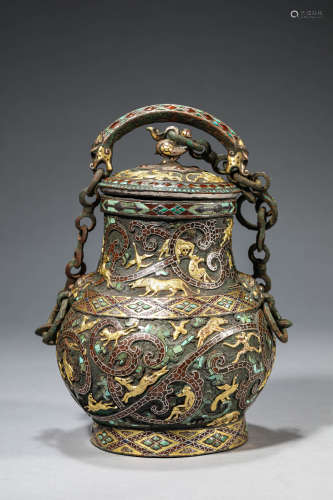 A Bronze and Silver and Gold Inlaid Beat Vase