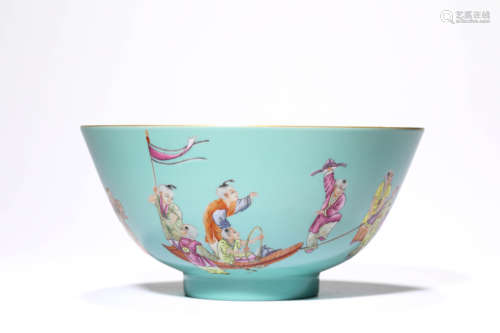 A Porcelain Green-Ground Famille-Rose Children Bowl