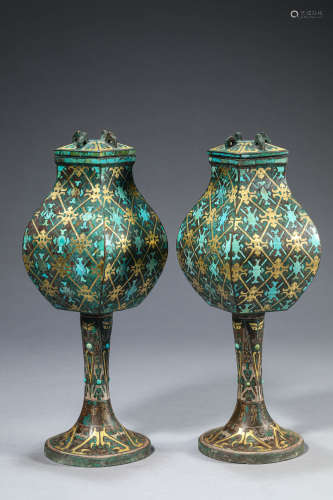 A Pair of Bronze and Silver and Gold Inlaid Turquoise Vases