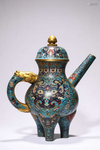 A Cloisonne Enamel Taotie Mask Kettle