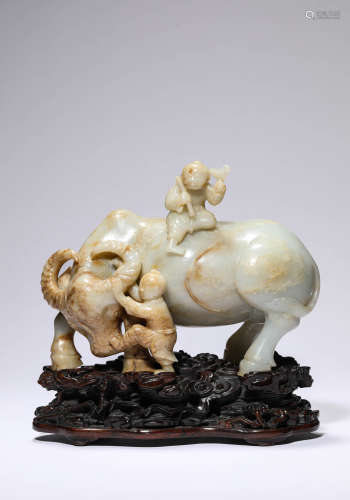 A Jade Child and Bull Carving
