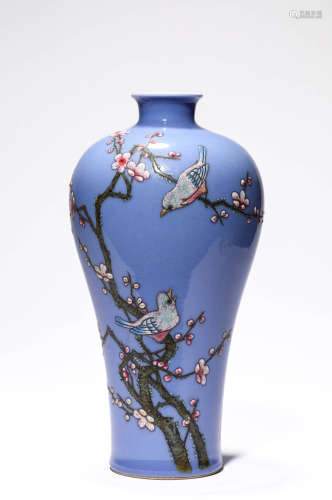 A Porcelain Blue-Glazed Poem Meiping Vase