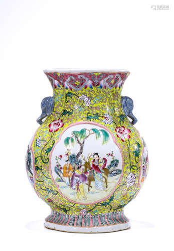 A Porcelain Famille-Rose Yellow-Ground Vase