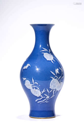 A Porcelain Blue-Glazed Longevity Olive Vase