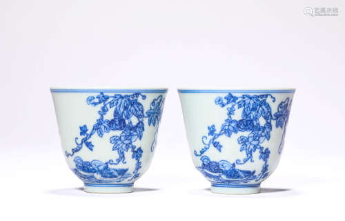 A Pair of Porcelain Blue and White Chinese Mandarin Cups