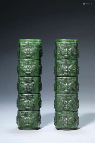 A Set of Spinach-Green Jade Taotie Cong Ornaments