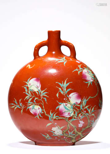 A Porcelain Coral-Ground Longevity Moonflask