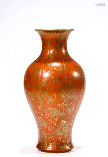 A Porcelain Coral-Ground Gilt-Inlaid Lobed Vase