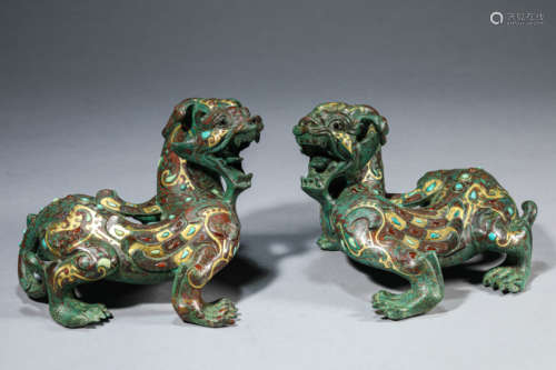 A Set of Bronze Gold and Sivler Inlaid Pixiu Beasts