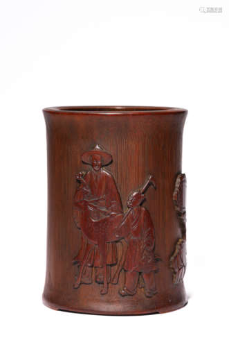 A Bamboo Figure and Poem Brush Pot