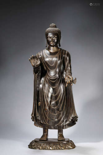 A Tibetan Bronze and Silver Inlaid Sakyamuni Statue