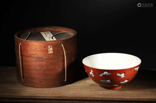 A CORAL RED GLAZED 'RED-CROWNED CRANE' BOWL , JIAQING MARK