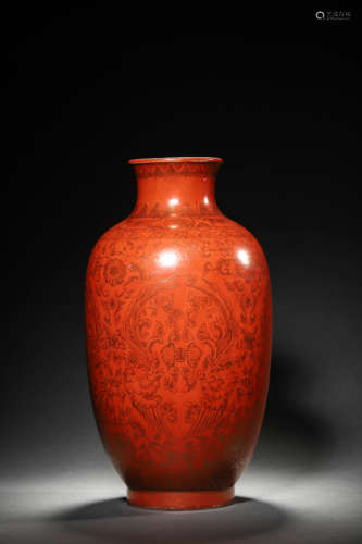 A RED GLAZE GOLD-DECORATION PHOENIX LANTERN-SHAPE VASE, QIAN...