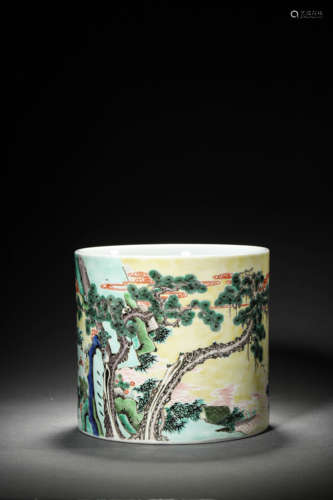 A YELLOW-GROUND FAMILLE VERTE FISHERMAN BRUSH POT, CHENGHUA ...