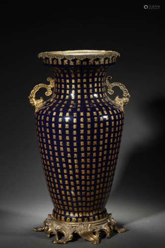 A Blue-Glazed Longevity Zun-Form Vase