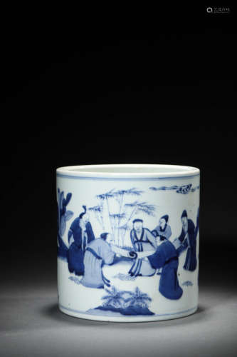 A Blue And White Seven Sages Of The Bamboo Grove Brush Pot