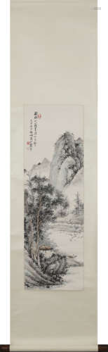 A Chinese Landscape Painting On Paper, Hanging Scroll, Qi Go...