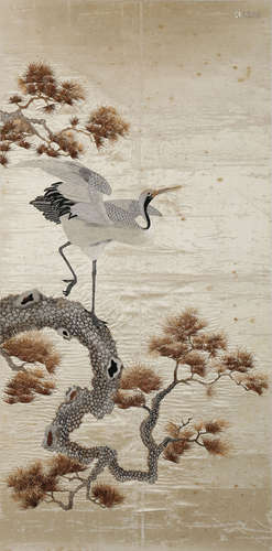 AN EMBROIDERED CRANE AND PINE TREE HANGING SCROLL