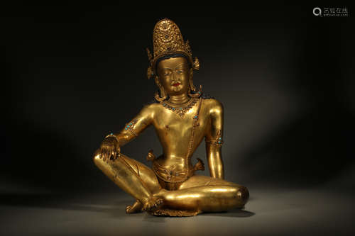 Gilt Bronze Gem Stone Inlaid Guanyin Figure