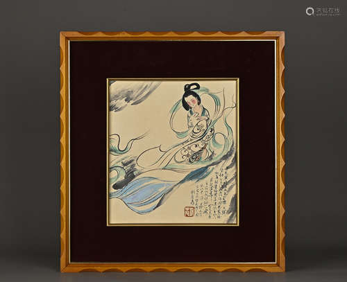 A Chinese Drawing Change and Rabbit Painting with Wood Frame