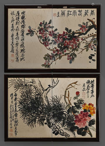 Pair of A Chinese Drawing Flower with Tree Painting  Wood Fr...