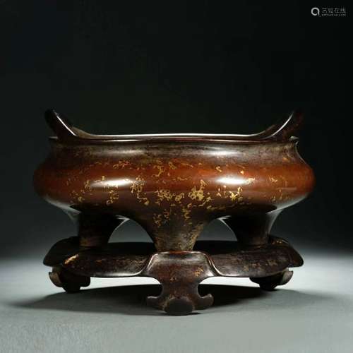 A Bronze  Sprinkling Gold Double Ears Incense Burner with Ba...