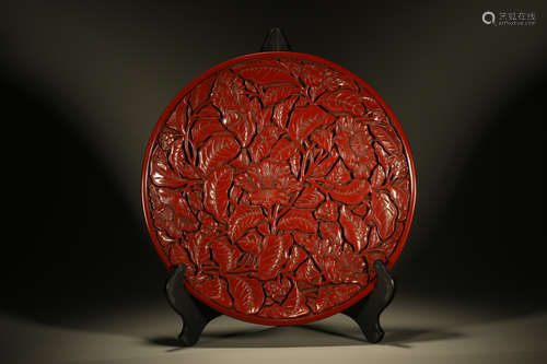 Red Lacquerware Carved Flower With Poetry Pattern Plate