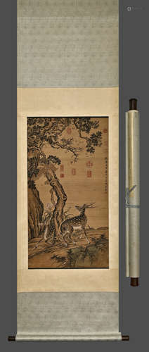 A Chinese Drawing Deer with Pine Tree Silk Painting,Shen Qua...