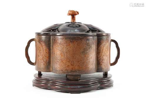 Bronze  Silver Inlaid Incense Burner with Wood Lid and Base