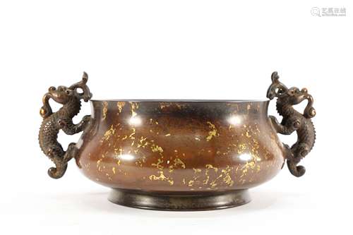 Bronze Sprinkling Gold Double Dragon Ears Incense Burner