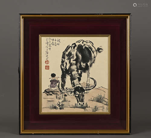 A Chinese Drawing Ox Painting Wood Frame,Xu Beihong Mark