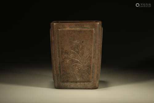 A Purple Clay Carved Orchid with Poetry Pattern Brush Pot