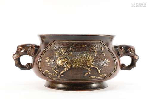 Bronze Gilt Kirin Pattern Double Elephant Ears Incense Burne...