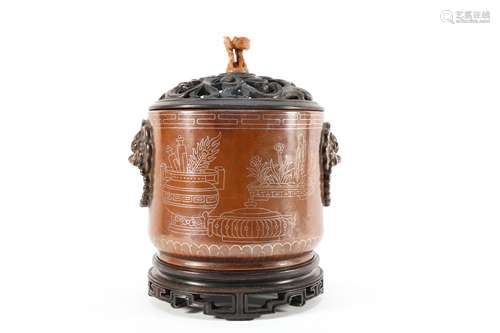 Bronze  Silver Inlaid Incense Burner with Wood Lid and Base