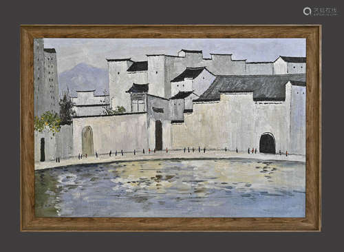 A Chinese Landscape Oil Painting with Wood Frame,Wu Guanzhon...