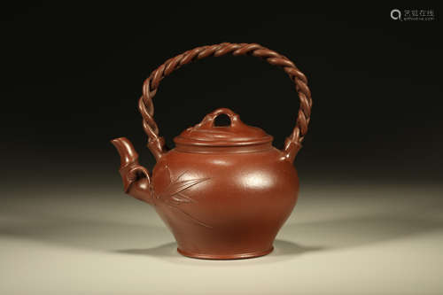 A Purple Clay  Bamboo Pattern Handle Pot