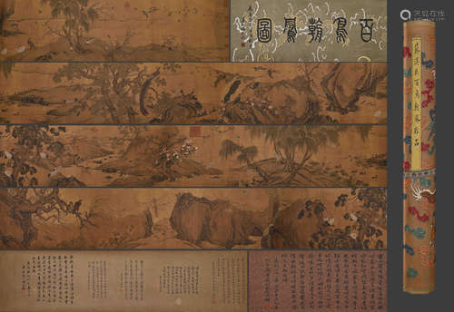 A Chinese Drawing Birds with Landscape Silk Painting,Su Hanc...