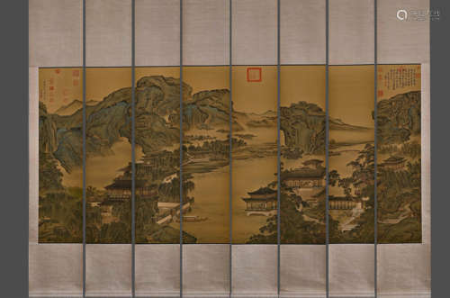 Group of Eight A Chinese Drawing Landscape Silk Painting,Wen...