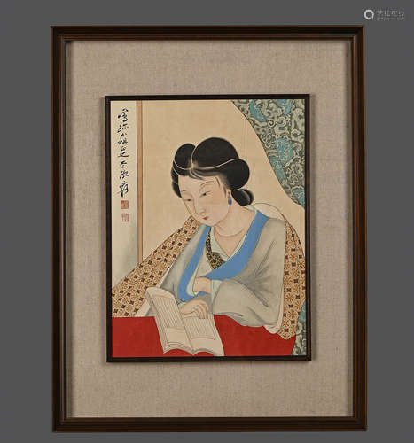 A Chinese Drawing Beauty with Book Painting Wood Frame,Zhang...