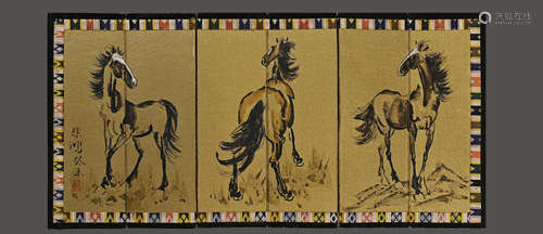 A Chinese Drawing Horses Painting Folding Screen,Xu Beihong ...