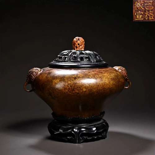 Bronze  Lion Ears  Incense Burner with Wood Lid and Base