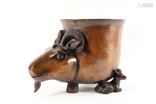 Bronze  Silver Inlaid Ram Head Shape Incense Burner