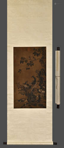 A Chinese Drawing Flower and Bird Silk Painting,Lv Ji Mark