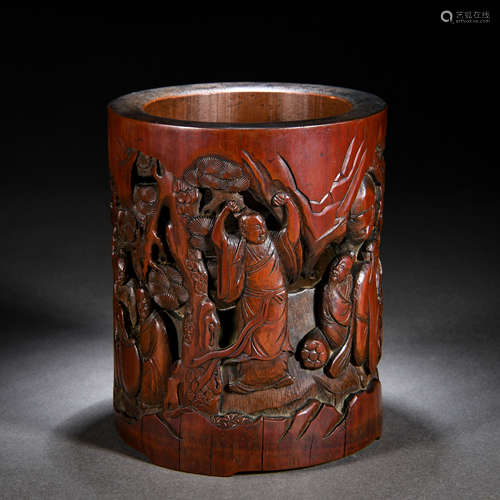 A Chinese Carved Bamboo Figural Story Brushpot