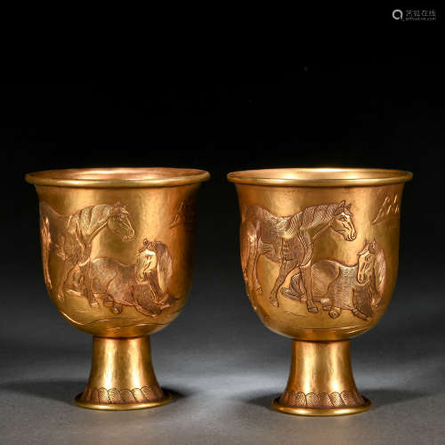 Pair Chinese Bronze-gilt Wine Cups